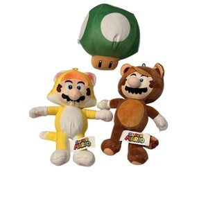 2 Super Mario Bros. Tanooki Suit Plush & Cat Suit Plush & Mushroom 8'' Mush